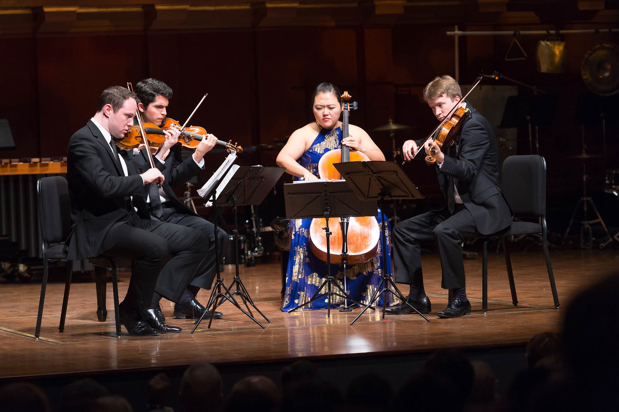 Senior strings winners, the Calidore String Quartet, are announced at the grand prize gala at Hill Auditorium as the overall M-Prize winners. Image credit: Daryl Marshke, Michigan Photography