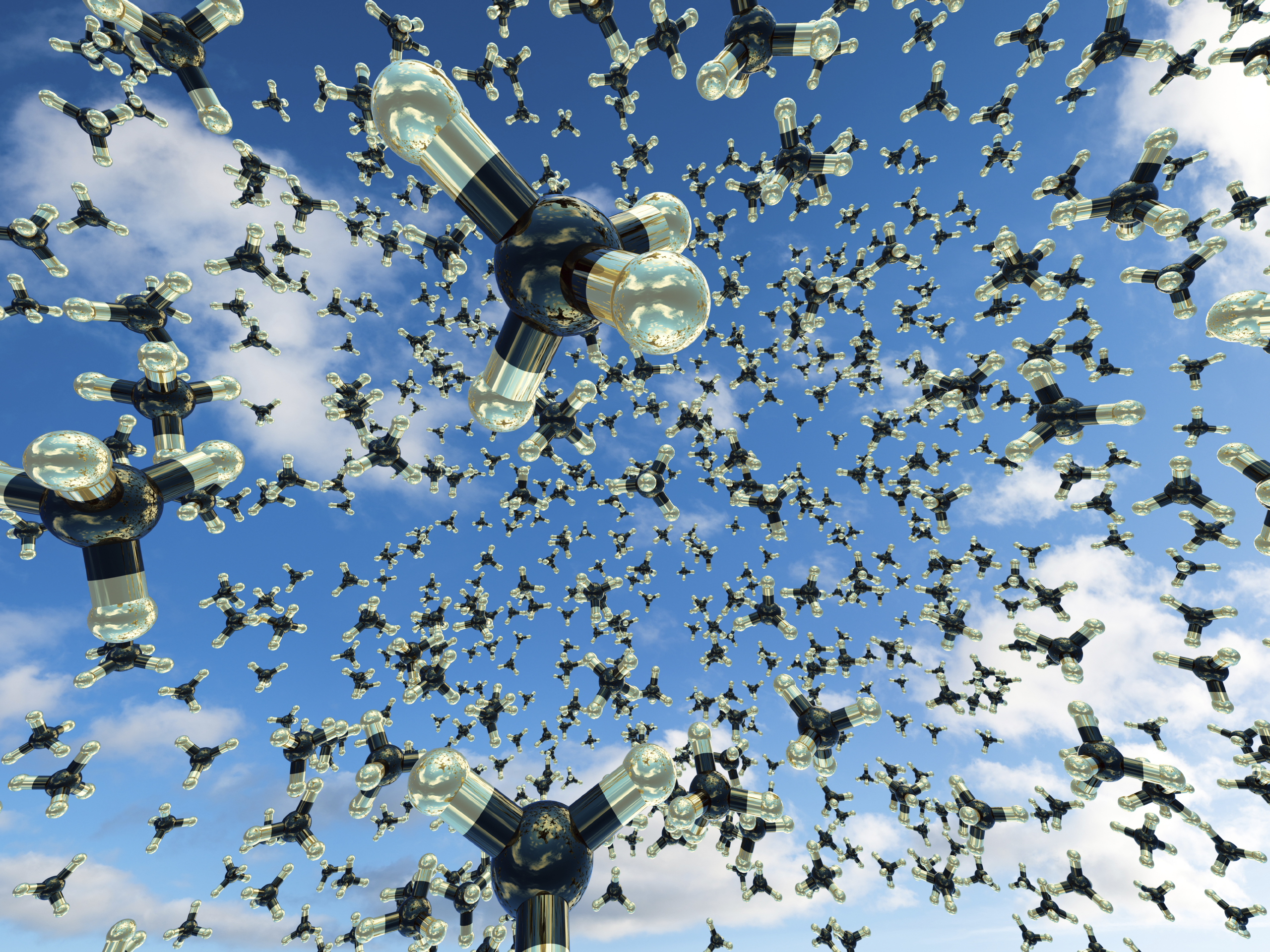 Rendering of methane molecules floating in the air. (stock image)