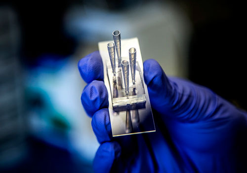 Ryan Oliver, Post-Doctorate Researcher, demonstrates use of a special microchip that can simulate different organs and parts of the body. Image credit: Joseph Xu