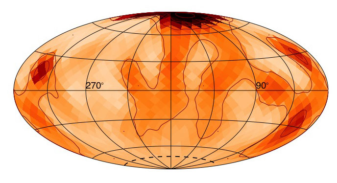 A polar starspot can be seen on the star zeta Andromedae. The placement of the spot shows how the magnetic activity of this large, fast-spinning star differs from the present-day magnetic activity of our sun. This image is shaped in this way because it's a projection of the star that allows researchers to see the star's entire surface. Images courtesy: Rachael Roettenbacher and John Monnier