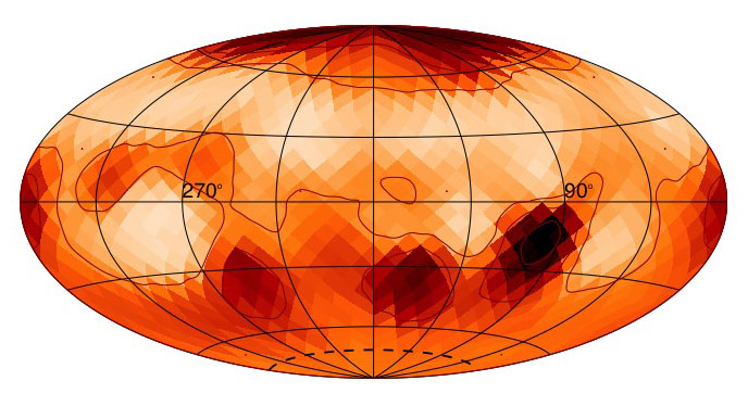 A starspot can be seen in a mid latitude on the star zeta Andromedae. To generate these relatively close-up images, astronomers used a technique that combines the light from six telescopes into one superzoom lens. zeta Andromedae has a radius 15 times larger than the sun. For comparison's sake, the sun would be about the size of the starspot you can see here. This image is shaped in this way because it's a projection of the star that allows researchers to see the star's entire surface.