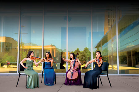 The Evita Quartet is the graduate string quartet in residence at the University of Michigan School of Music, Theatre & Dance. Hyorim Han & Haerim Liz Lee (violins), Yi-Chun Lin (viola), Soojung Kim (cello). Image credit: Eric Bronson
