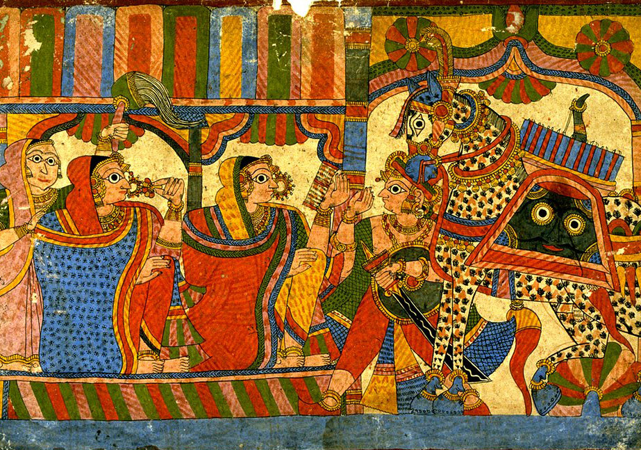 Women Greet a Horseman from the Mahâbhârata, India, Maharashtra, Paithan school, early to mid-19th century, ink and opaque watercolor on paper. Gift of Professor Walter M. and Nesta R. Spink for the James Marshall Plumer Memorial Collection. Image courtesy: UMMA