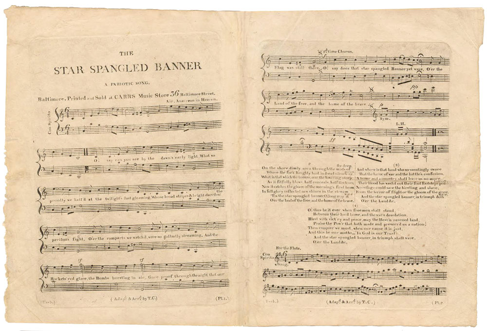1814 first sheet music edition of “The Star-Spangled Banner,” arranged by Thomas Carr; courtesy the William L. Clements Library, University of Michigan