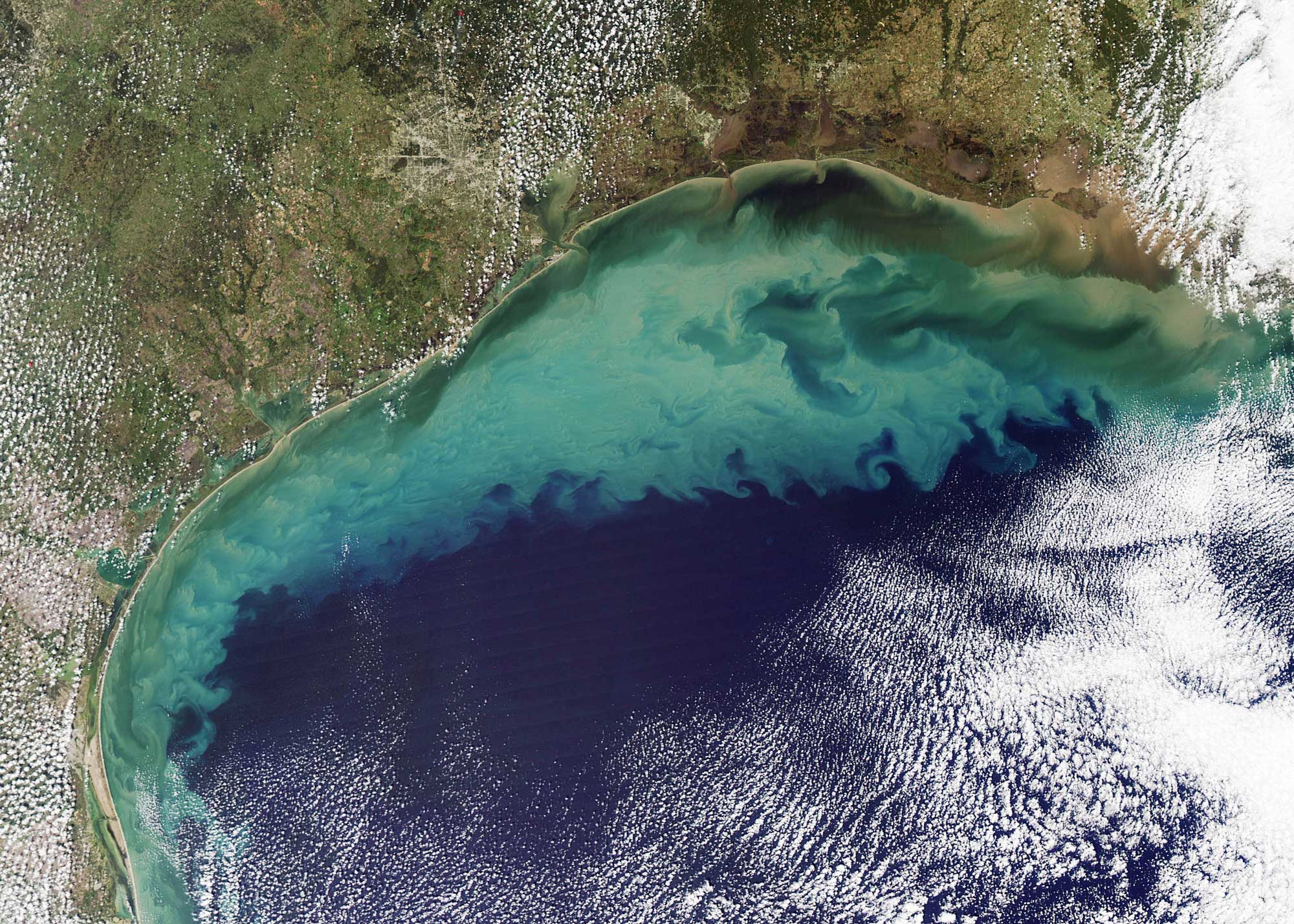 2009 satellite image of the Gulf of Mexico. Much of the dirt that colours the water is likely re-suspended sediment dredged up from the sea floor in shallow waters. The tan-green sediment-coloured water transitions to clearer dark blue water near the edge of the continental shelf where the water becomes deeper. The ocean turbulence that brought the sediment to the surface is readily evident in the textured waves and eddies within the tan and green waters. Image credit: By Jeff Schmaltz (NASA Earth Observatory) [Public domain], via Wikimedia Commons