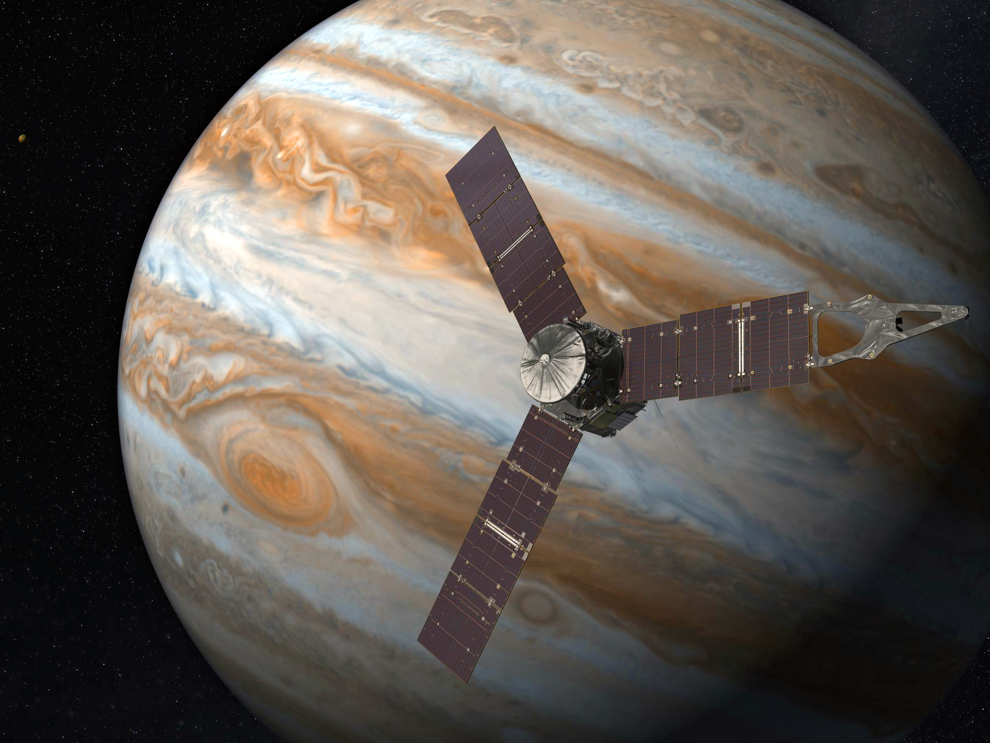 A satellite appears over Jupiter.