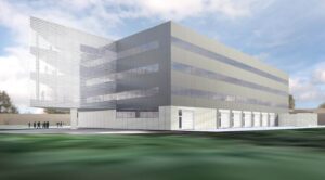 An architectural rendering of the northeast elevation planned Robotics Laboratory, which will be built northeast of the Space Research Building on U-M's North Campus.