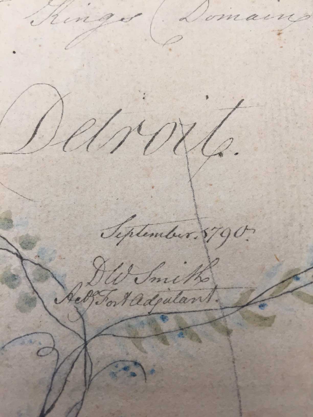 Close-up of the author’s signature. Captain David William Smith, signed D.W. Smith created the "Rough sketch of the King's Domain at Detroit" while a captain in the British Army assigned to Detroit. Image courtesy: William L. Clements Library