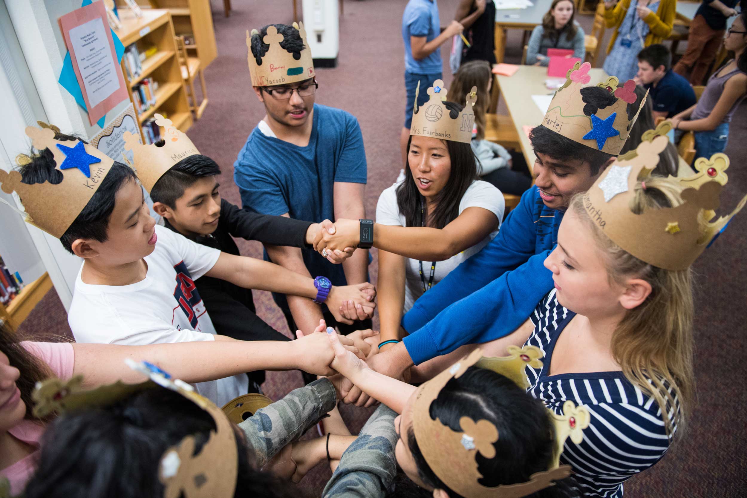 U-M School of Education intern Grace Fairbanks leads Scarlett students in an ice-breaker exercise. Pictured: Kevin Zhou, Mauricio Venegas Gonzalez, Yacoob Vaid, Fairbanks, Hartej Singh and Samantha Vessels. Image credit: Austin Thomason, Michigan Photography