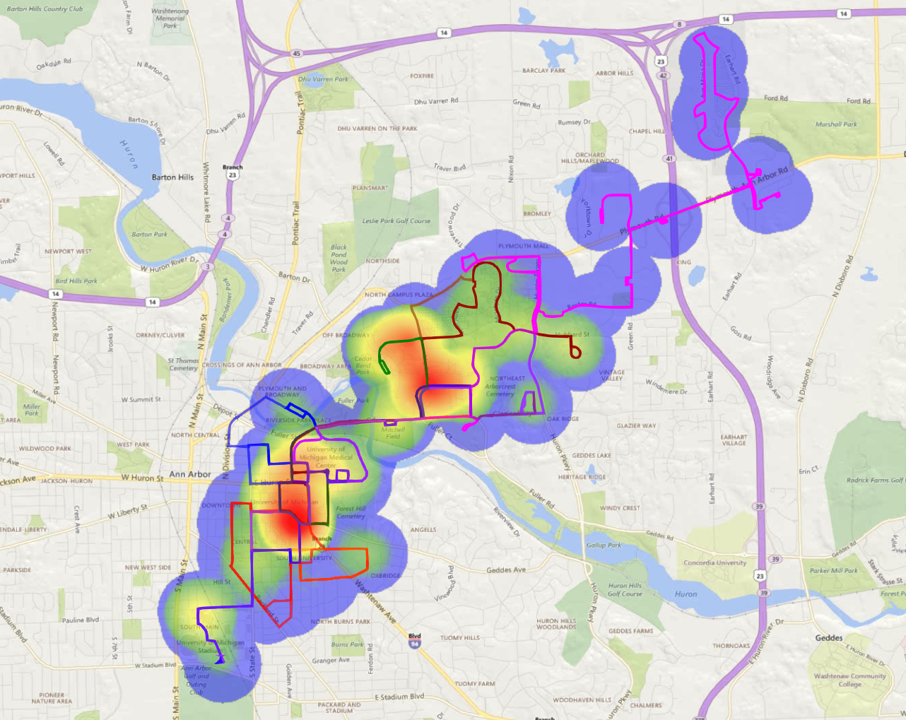 This heatmap shows usage of the current U-M bus system throughout the day. It shows that most usage is concentrated in a few high-traffic areas, while other areas show far less usage. Image credit: Courtesy of Pascal Van Hentenryck