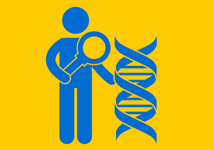 Illustration of a person examining a strand of DNA. Icon via Gan Khoon Lay, The Noun Project