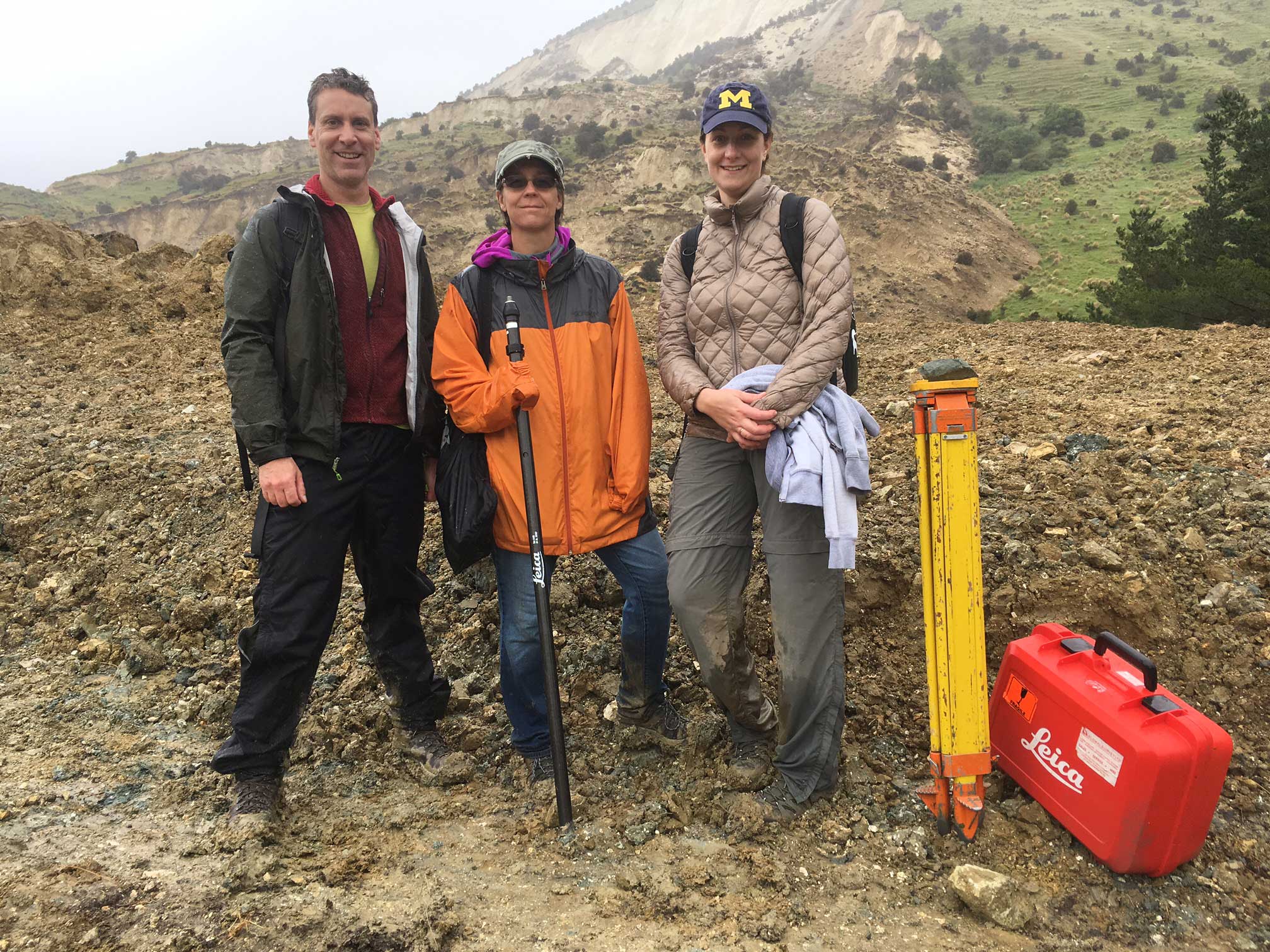 University of Michigan researcher Adda Athanasopoulos-Zekkos, right, in the field in New Zealand with two members of the Geotechnical Engineering Extreme Events Reconnaissance Association, J. Wartman of the University of Washington, left, and E. Rathje of the University of Texas. Image credit: John Manousakis