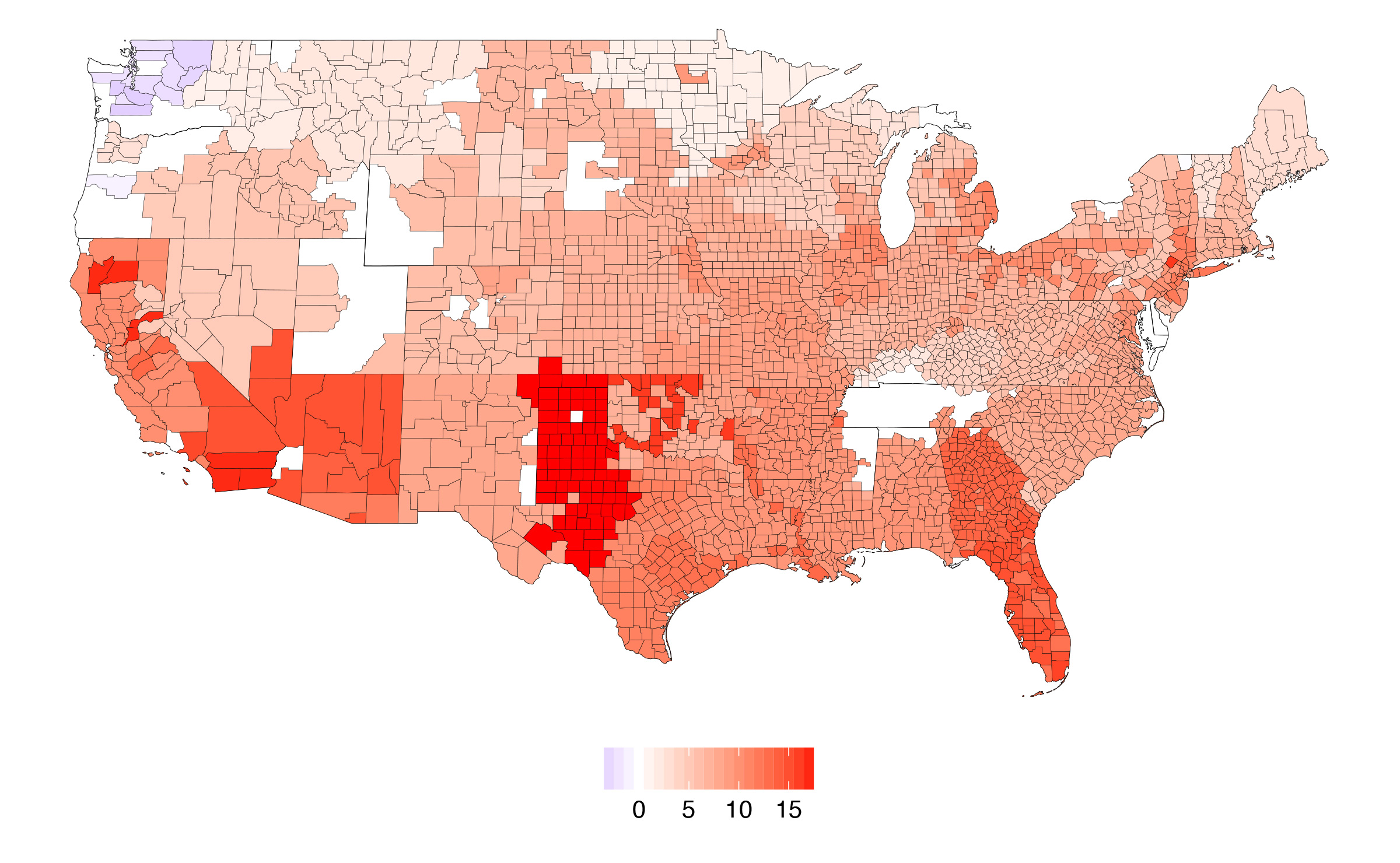 Electricity costs in the U.S. are expected to increase more steeply than economists have previously forecast due to power grid upgrades necessary to absorb future peak electricity demand. The change in peak intensity varies by region. Regions represent load balancing authorities, which regulators use to examine grid reliability. This map shows the percentage change in the intensity of peak electricity load under a "business as usual" carbon emissions scenario. The largest peak demand increases appear in the south and west. Image credit: Auffhammer in PNAS, 2017, DOI number 10.1073/pnas.1613193114