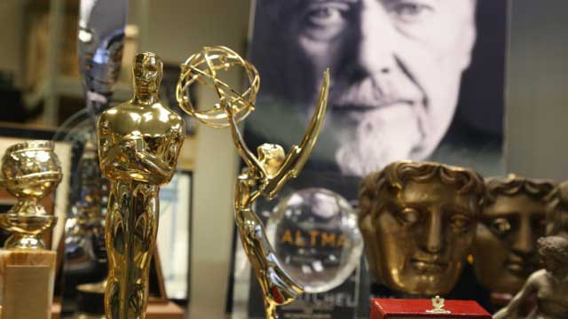 Robert Altman's awards at the University of Michigan Library's Special Collections space. Image credit: Alison Hacker