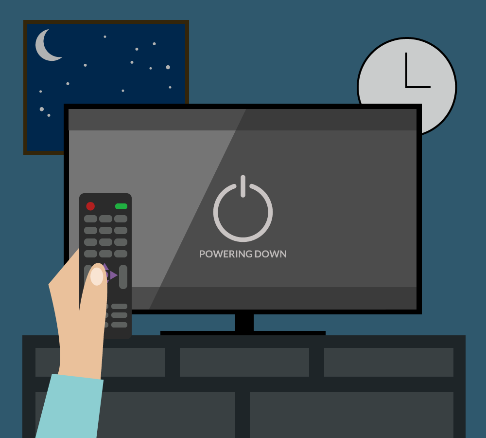 An illustration of someone shutting off the television at bedtime.
