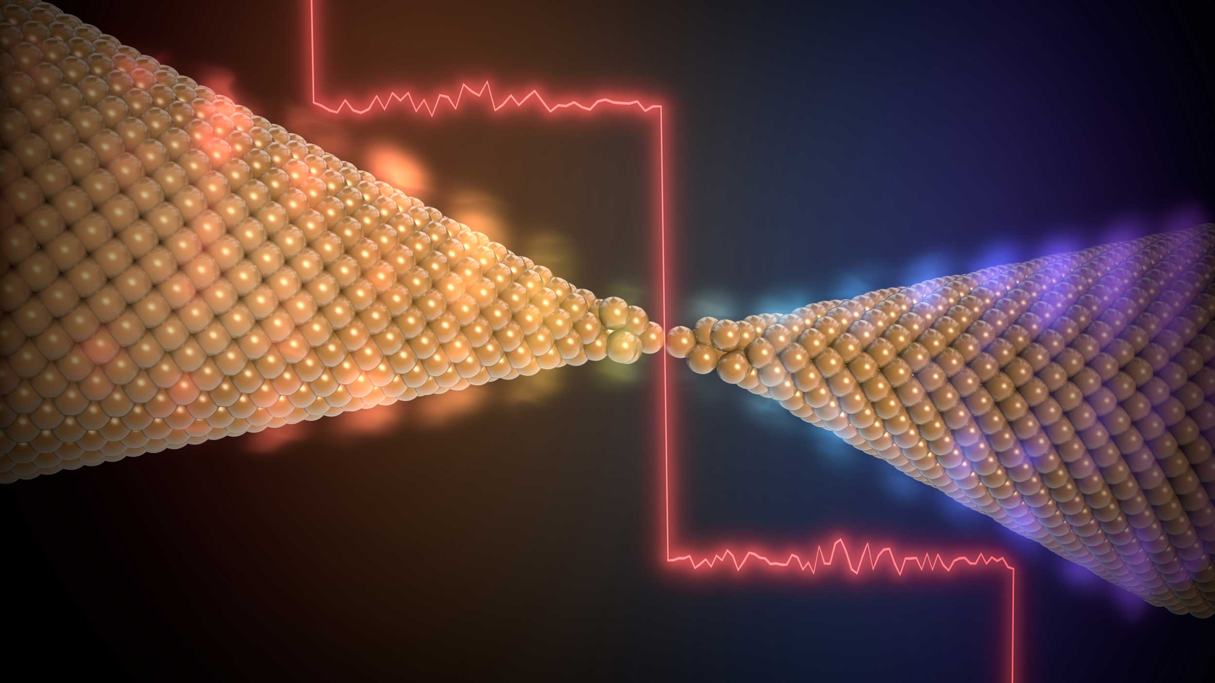 An artistic representation of heat flow in a single atom junction. Image credit: Enrique Sahagún, Scixel
