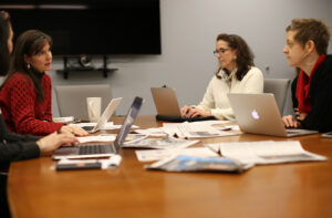 Doreen Bradley, director of Learning Programs and Initiatives at the U-M Library, left, with Karen Downing, Education Liaison Librarian, and Alexa Pearce, head of the Social Sciences Team within the Research unit of the U-M Library.