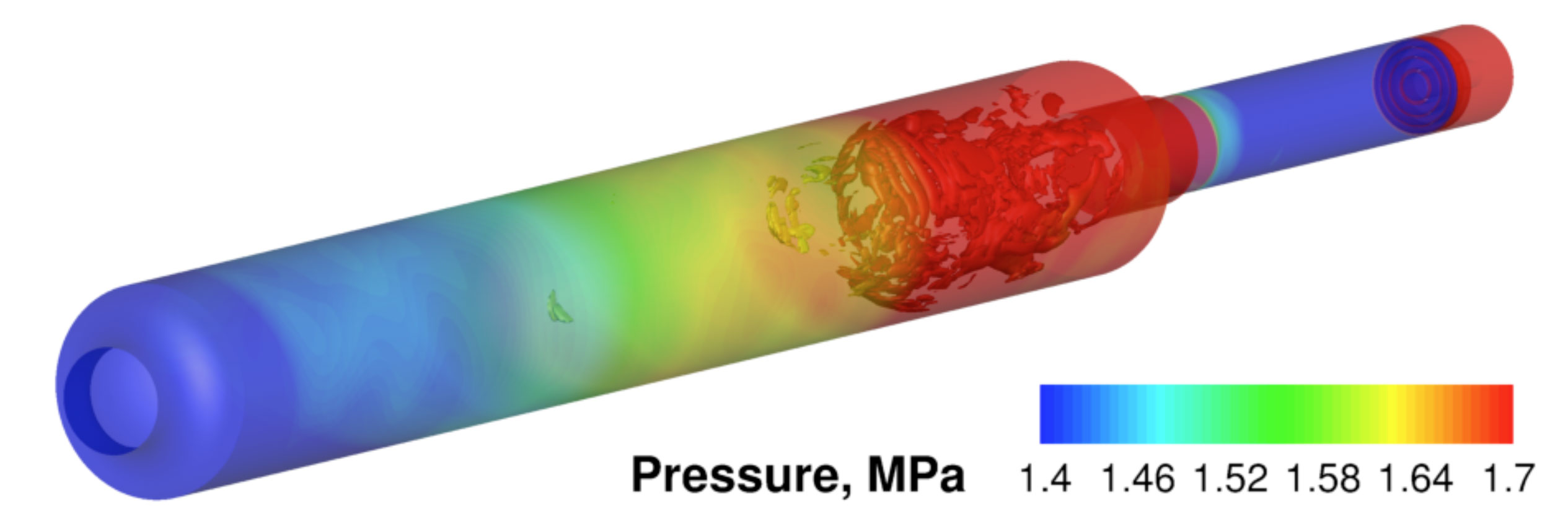 A simulation of combustion and pressure inside a rocket engine. The Air Force is funding research to predict whether new designs will be at risk of exploding. Image credit: Cheng Huang, Purdue University