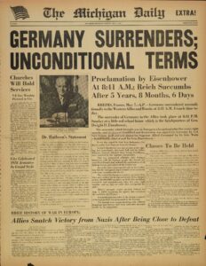 Cover of the Michigan Daily from VE Day May 7, 1945. Image courtesy Bentley Historical Library