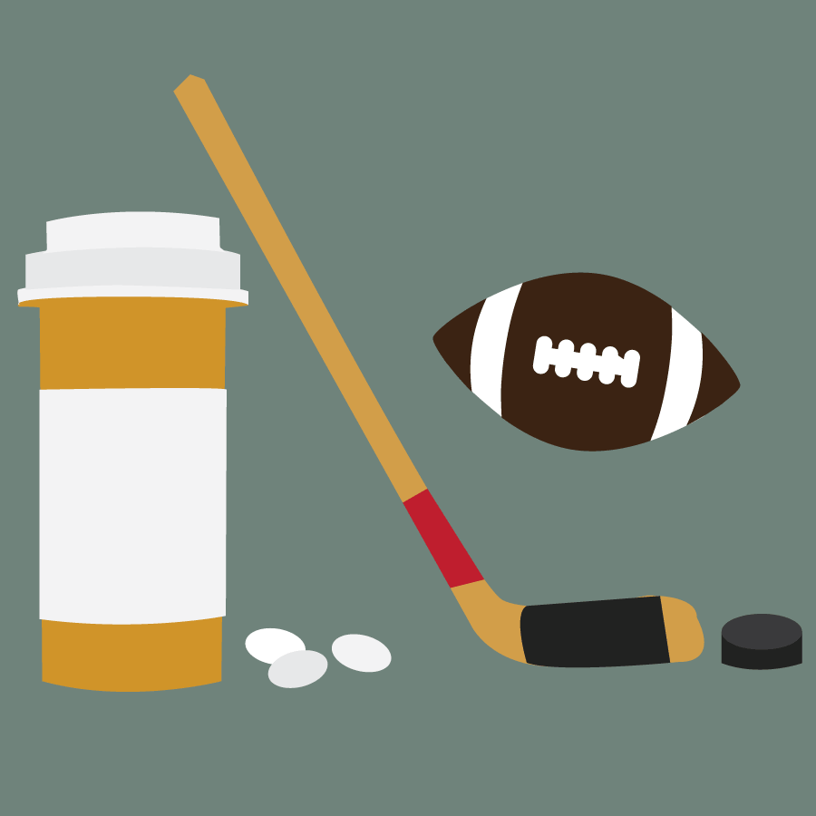 Illustration of sports equipment and prescription medicines.