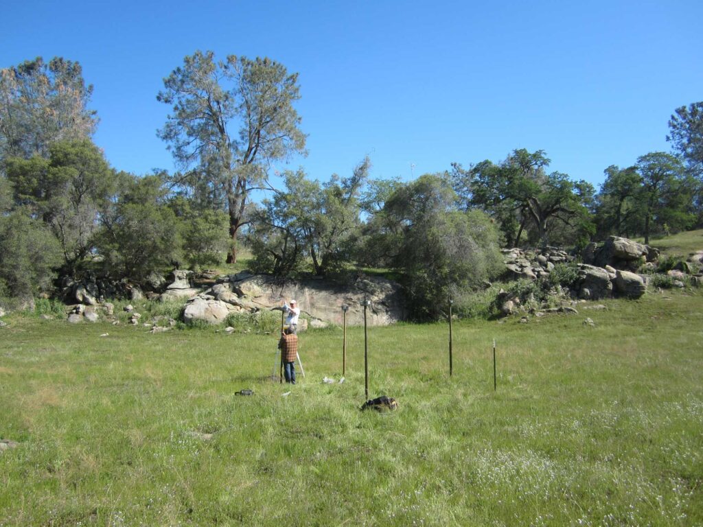 Researchers install passive dust collectors at the San Joaquin Experimental Range site in the southeastern Sierra Nevada, California. Image credit: Sarah Aciego