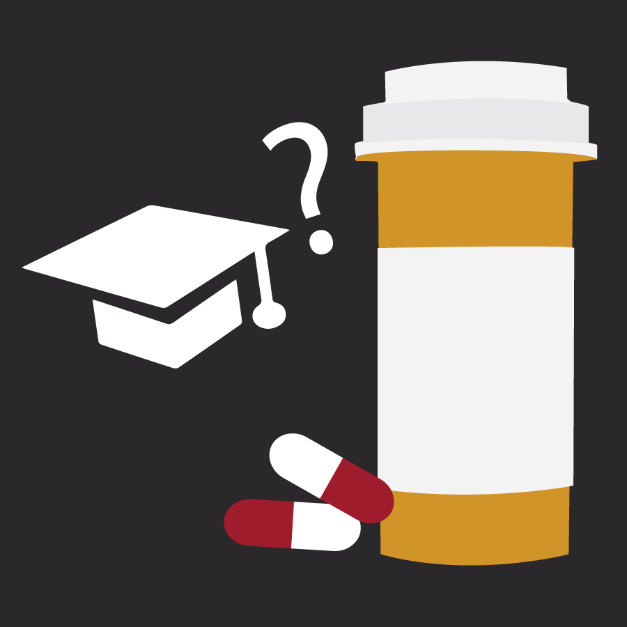 An illustration of a pill bottle and a graduation cap.