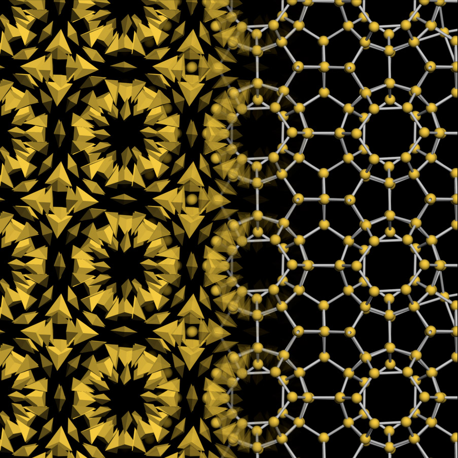 The gold nanoparticle bipyramids assembled into a complex structure, known in chemistry as a clathrate. Image credit: Glotzer Group, University of Michigan. Copyright: Science