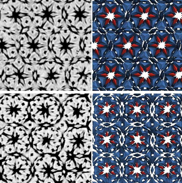 Left: an electron microscope image of a slice of the structure. Image credit: Mirkin Lab, Northwestern University. Right: a matching slice from a simulation of the structure. Credit: Glotzer Group, University of Michigan. Copyright: Science
