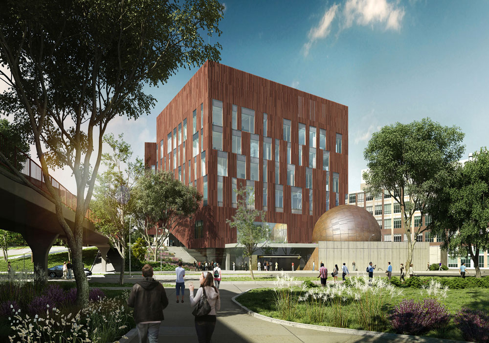 Architect’s Rendering of Biological Science Building—View from Washtenaw Ave. (c) 2015 University of Michigan. Design Team SmithGroupJJR/Ennead Architects