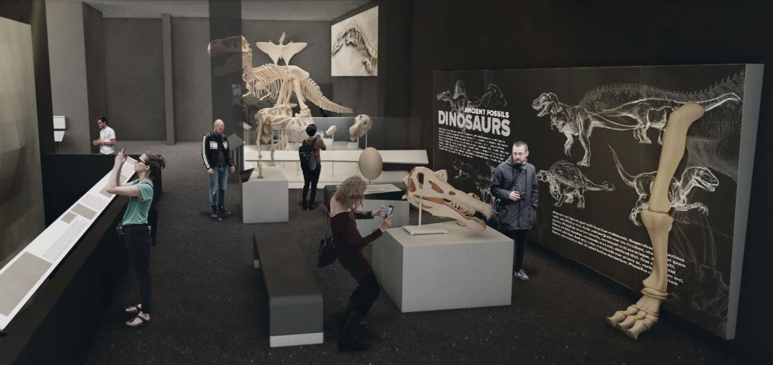  Preliminary schematic design of Exploring Evolution gallery with new cast skeleton of Majungasaurus Great Plains Exhibit Development / University of Michigan / All rights reserved