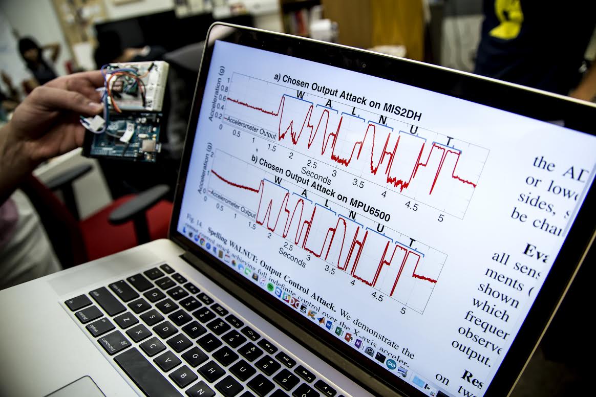 Michigan Engineering researchers used a malicious music file to hack into a Samsung Galaxy S5, coaxing its accelerometer to read out the word WALNUT. While the attack itself doesn't sound all that frightening, in principle, it revealed a major security hole in certain commonplace hardware sensors. Image credit: Joseph Xu, Michigan Engineering