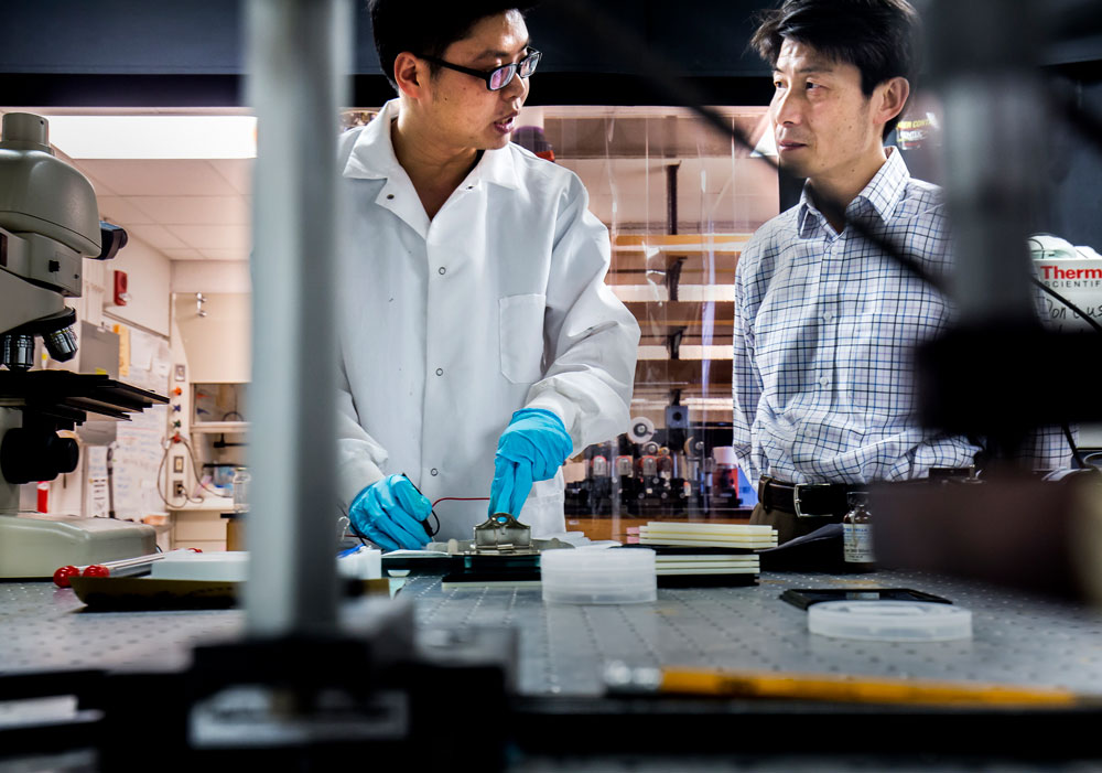 L. Jay Guo, professor of electrical engineering and computer science at the University of Michigan, and Chengang Ji, a doctoral student in the same department, discuss results from a test of a "stainless" silver film that their research group has created. Image credit: Joseph Xu/Michigan Engineering