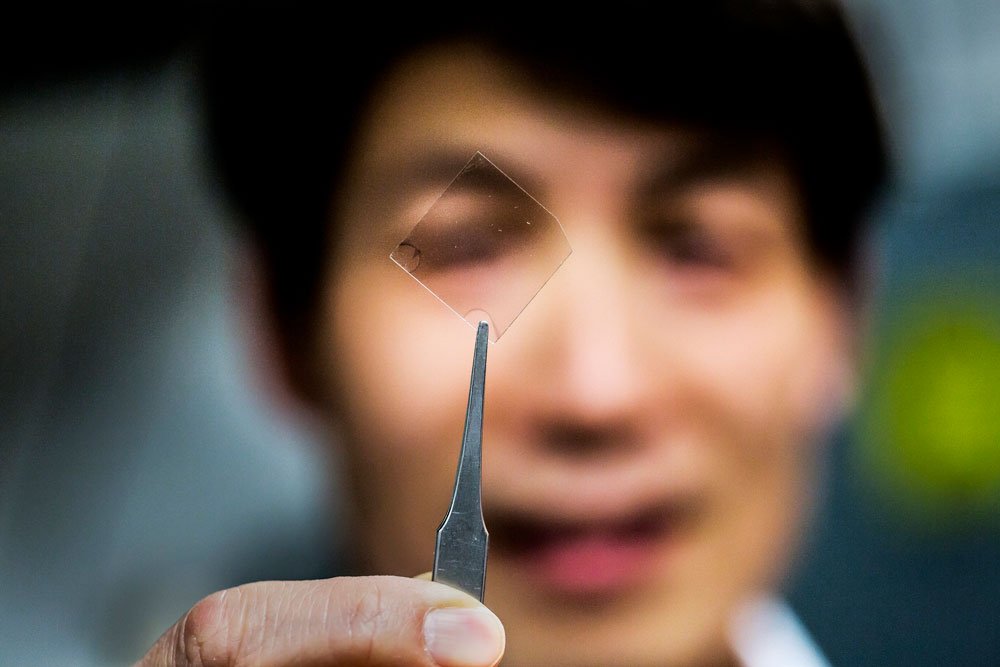University of Michigan researchers have created a transparent silver film that could be used in touchscreens, flexible displays and other advanced applications. L. Jay Guo, professor of electrical engineering and computer science, holds up a piece of the material. Image credit: Joseph Xu/Michigan Engineering.