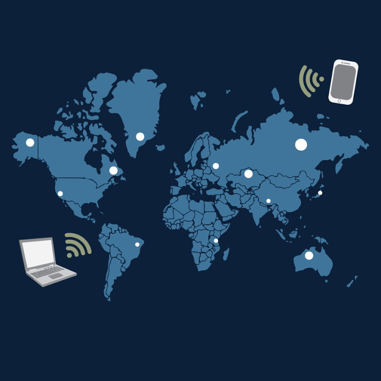 An illustration of technology devices connecting people around the world.
