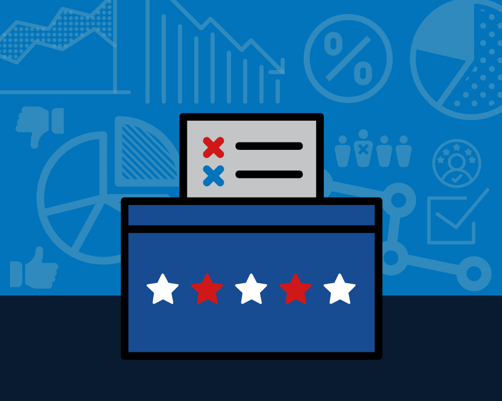 An illustration of a ballot box in front of charts and graphs of data.