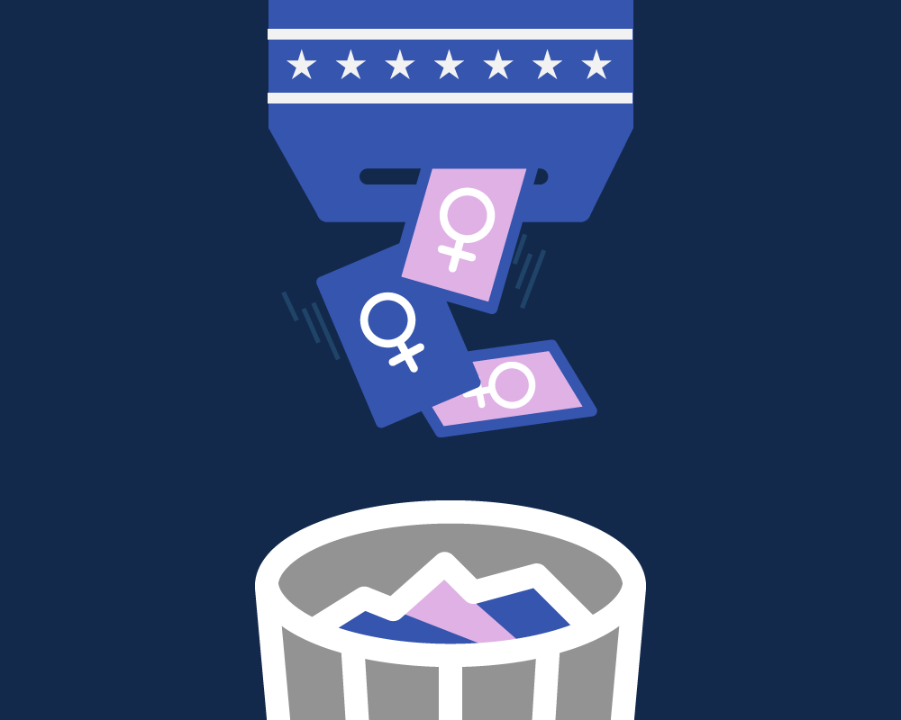 An illustration of feminist votes being dumped in the ballot box.