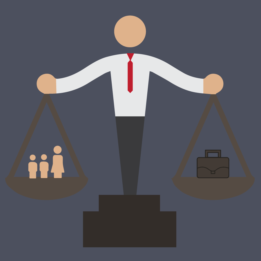 Illustration of a man holding scales weighted with family and work.