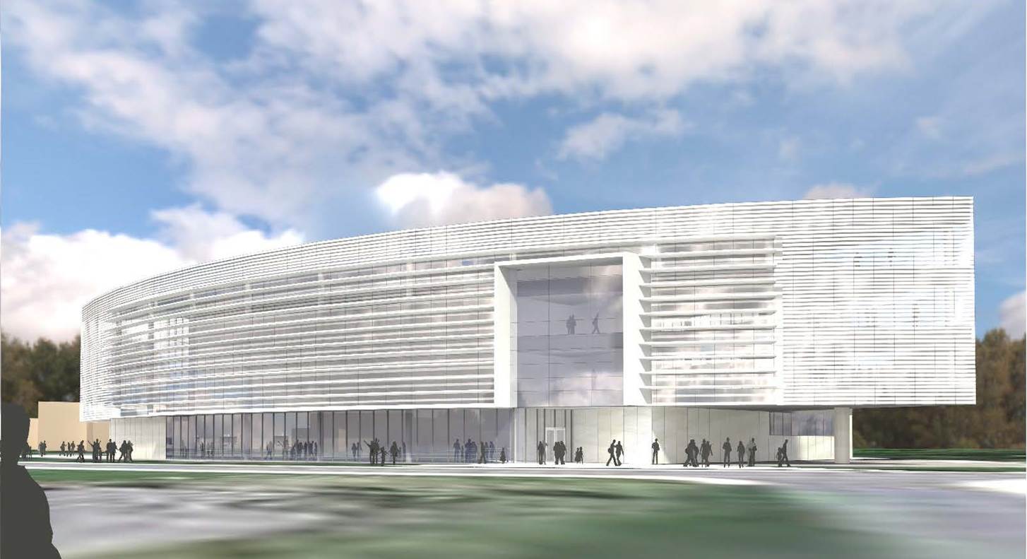 An architectural rendering of the southeast elevation of the planned Robotics Laboratory, which will be built northeast of the Space Research Building on the University of Michigan's North Campus.