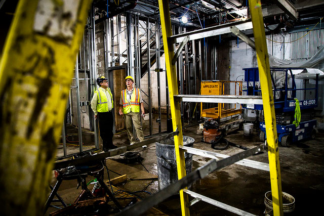 Ron Gilgenbach, Chihiro Kikuchi Collegiate Professor and Chair of the Nuclear Engineering and Radiological Sciences Department, and Robert Blackburn, Facilities Coordinator/Manager, tour the Nuclear Engineering Laboratory while it is under construction on North Campus of the University of Michigan in Ann Arbor, MI on August 16. 2016.   Photo: Joseph Xu/Multimedia Content Producer, University of Michigan - College of Engineering