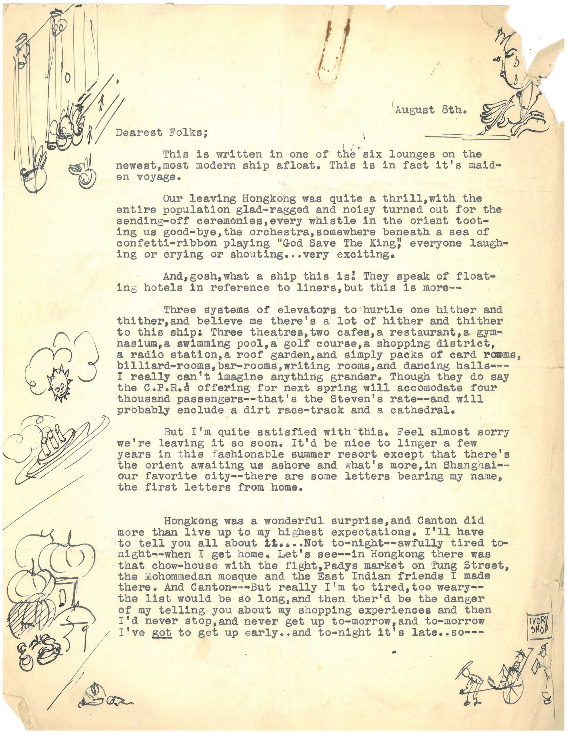 A letter dated August 8, 1930 from Welles to his beloved friend Dr. Maurice Bernstein, whom he called “Dada.” Welles recounts a recent visit to Hong Kong through words and sketches. Image courtesy: University of Michigan Library, Special Collections