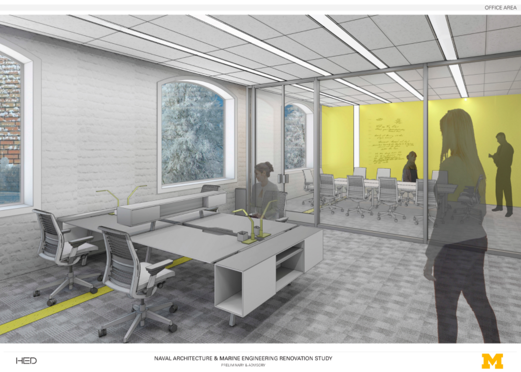 An artist’s rendering of the renovated office space in the Friedman Marine Hydrodynamics Lab.