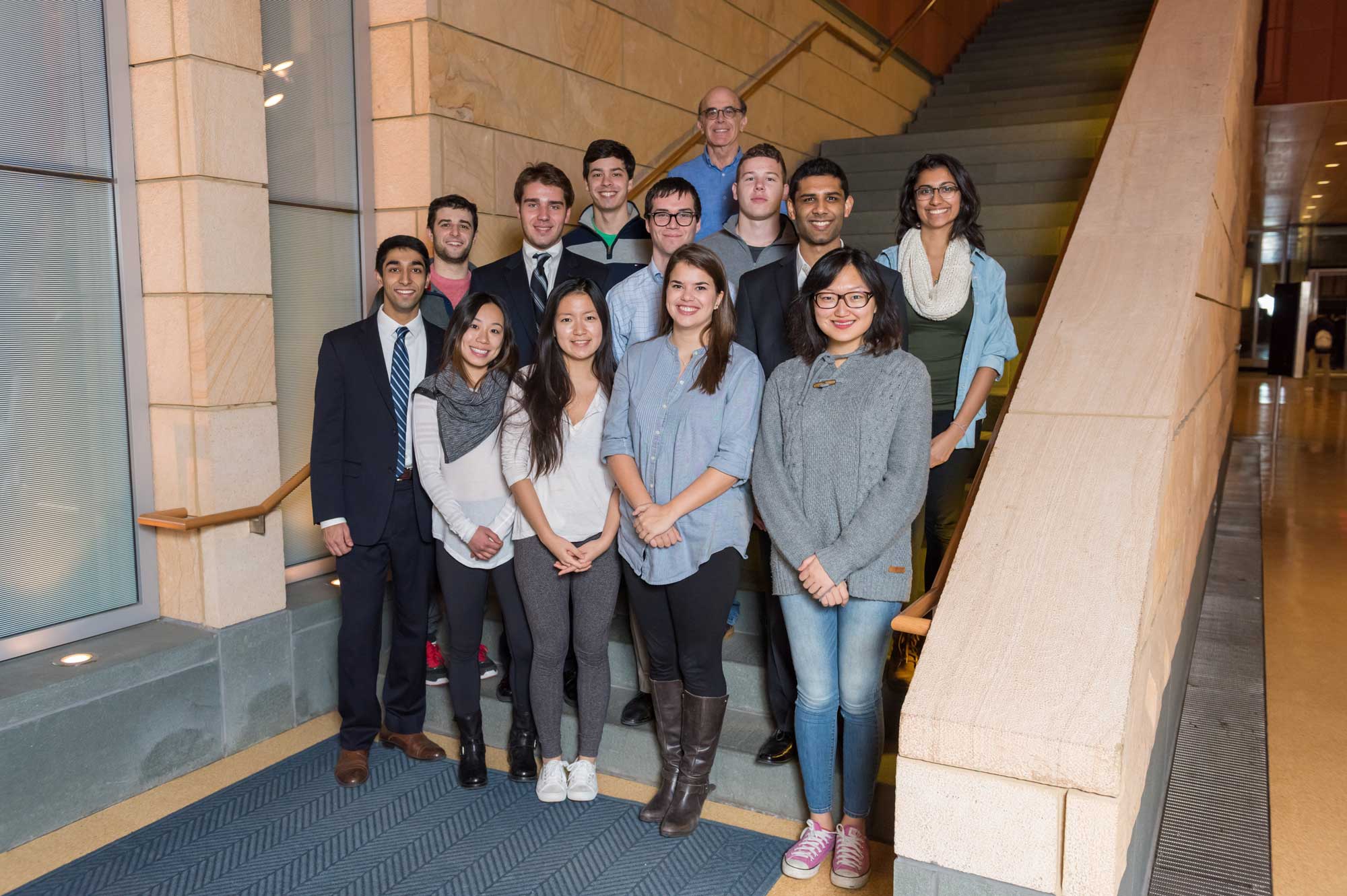 The first group of undergraduate business students to work on the Zell Early Stage Fund at the University of Michigan's Zell Lurie Institute. They are joined by Erik Gordon, assistant clinical professor, who will teach them how to evaluate startups as potential investments. Photo taken in October, 2015.