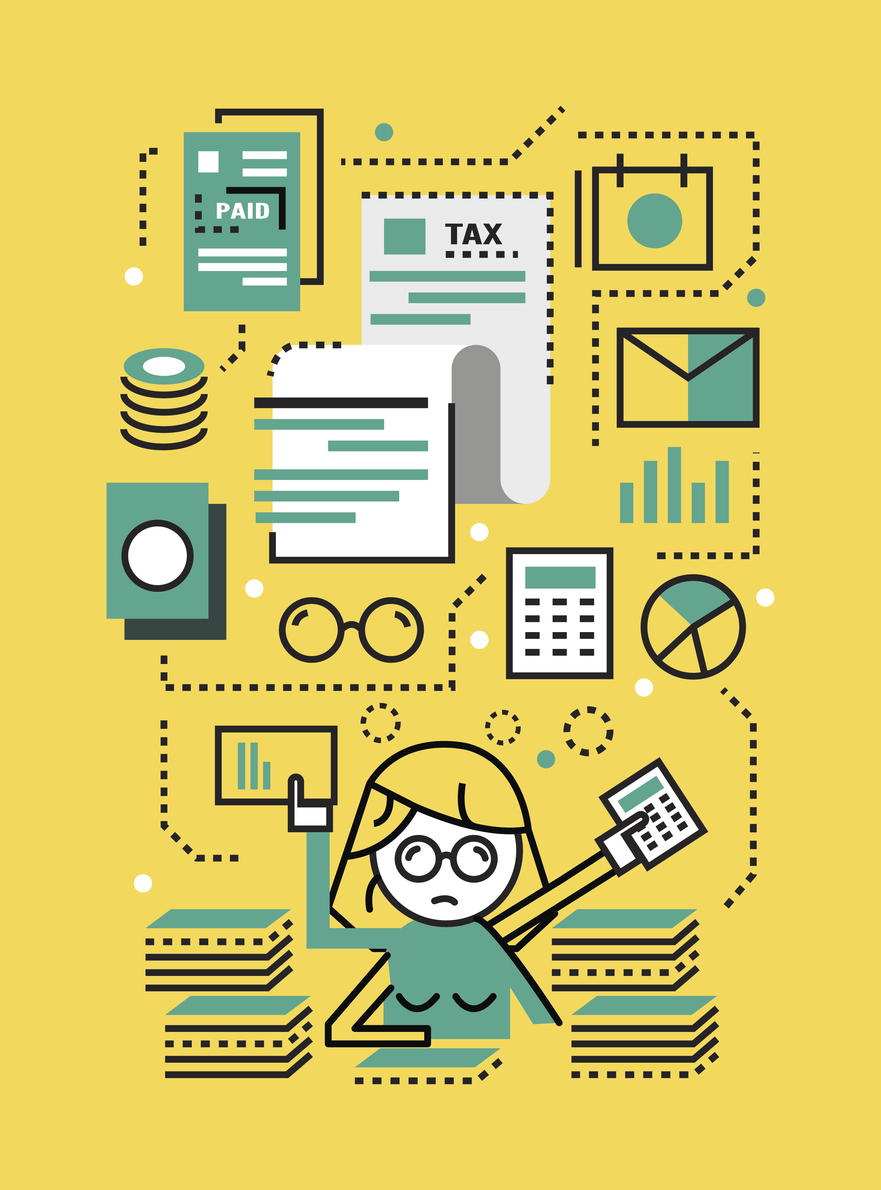 An illustration of a woman multi-tasking and trying to file her taxes. (stock image)
