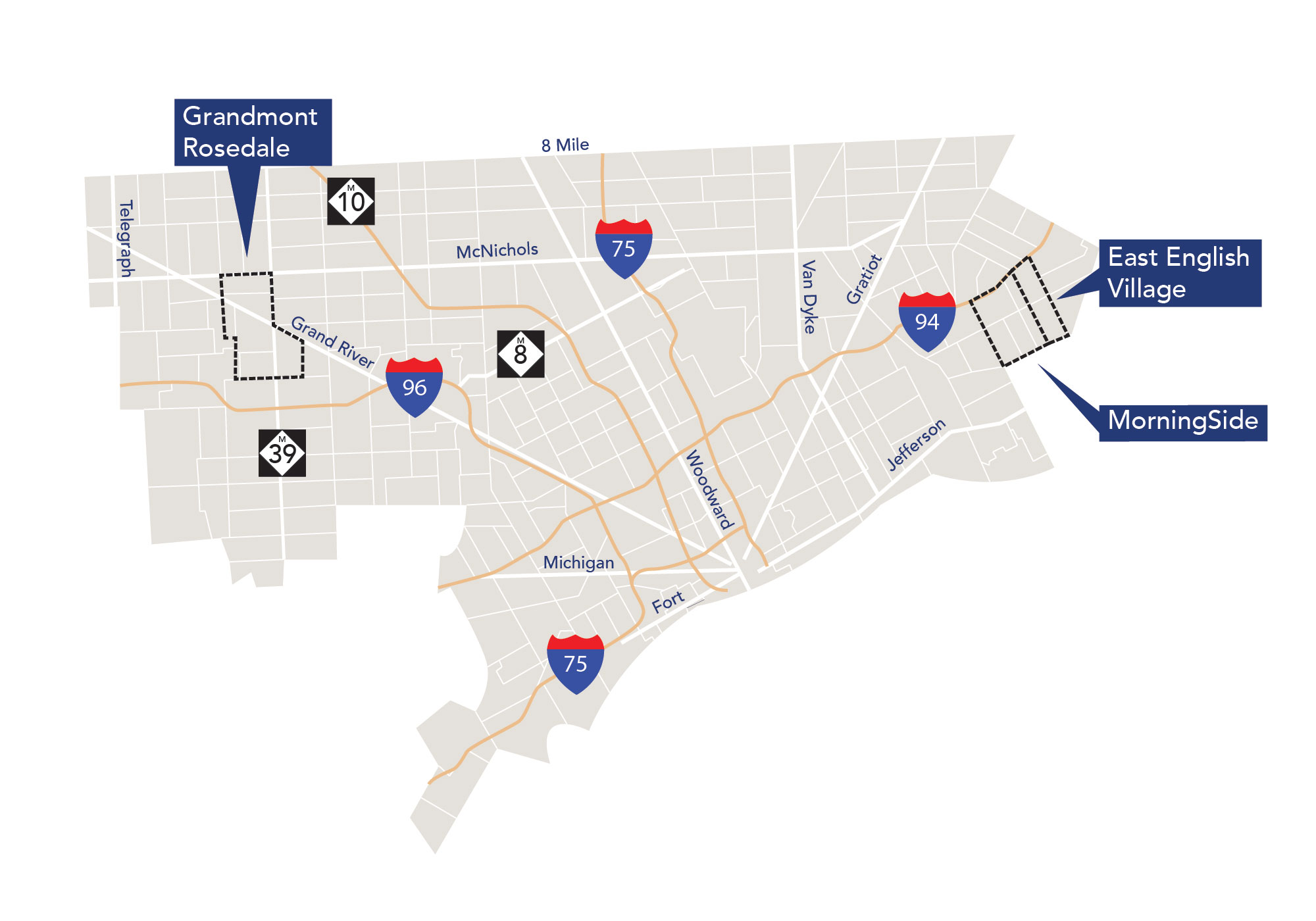 Map showing three Detroit neighborhoods -- Grandmont Rosedale, East English Village and MorningSide. Image Credit: Nathanael Rieger