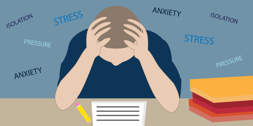 Illustration of a stressed student studying. Image Credit: Kaitlyn Beukema