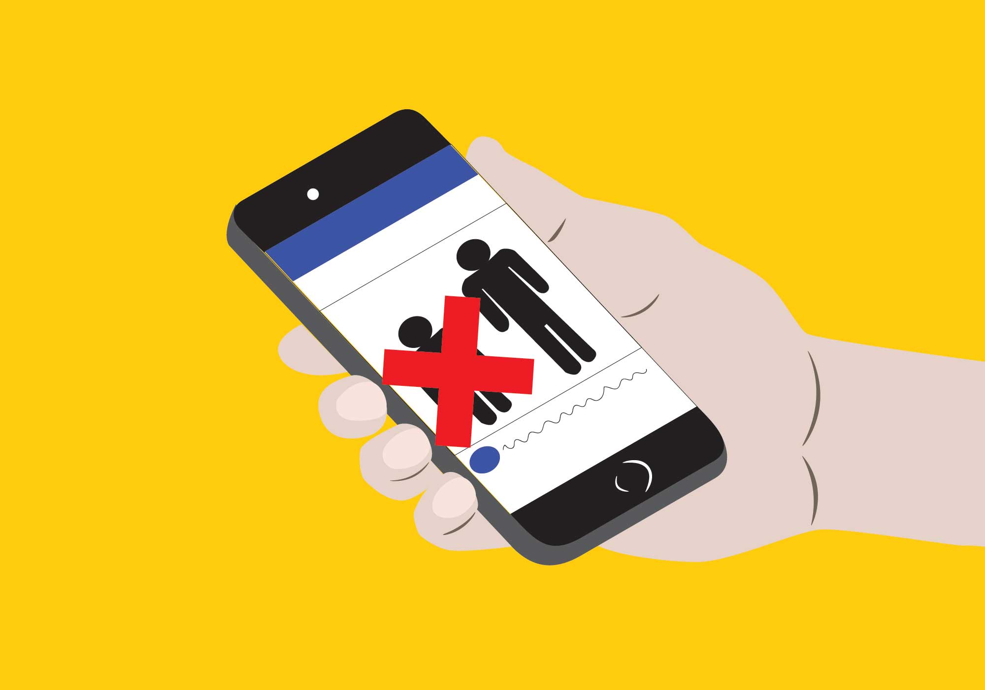Illustration of a hand holding a cell phone with a Facebook screen.