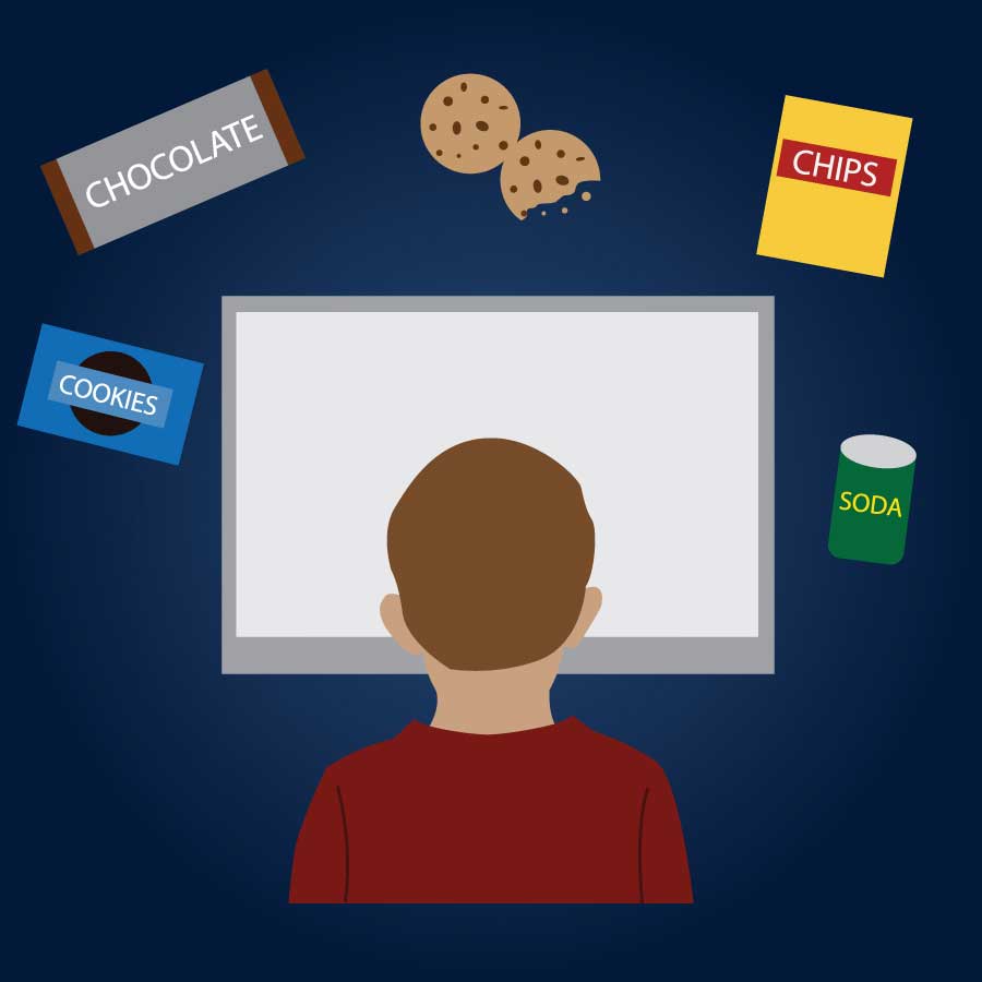 Illustration of a child looking at a screen surrounded by snacks.