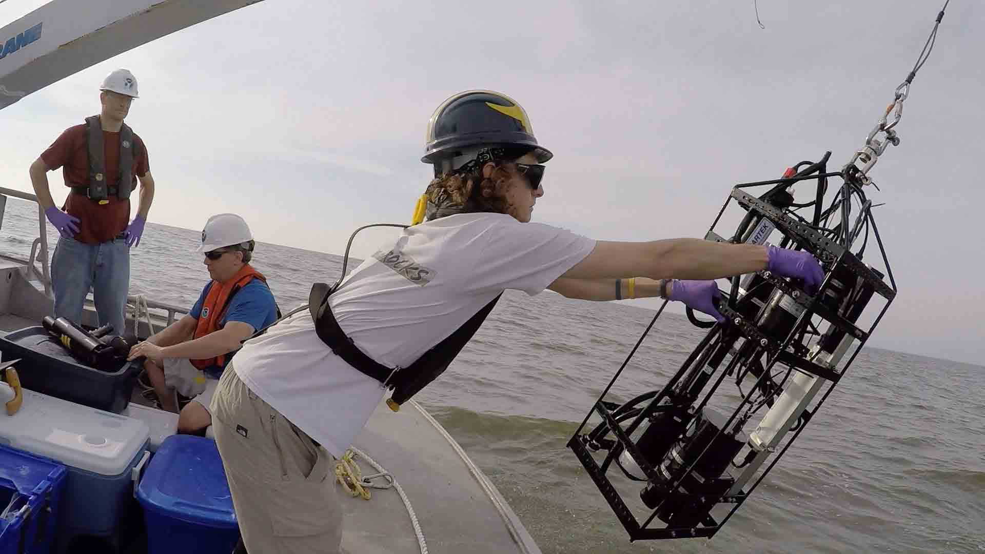 Collecting samples as part of a University of Michigan-NOAA effort to monitor cyanobacteria blooms in western Lake Erie. Image credit: Mike Wood