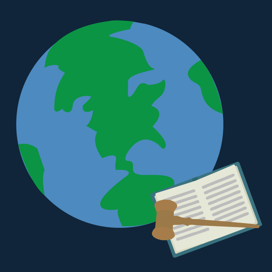 Illustration of Earth with a gavel and policy. Image credit: Kaitlyn Beukema