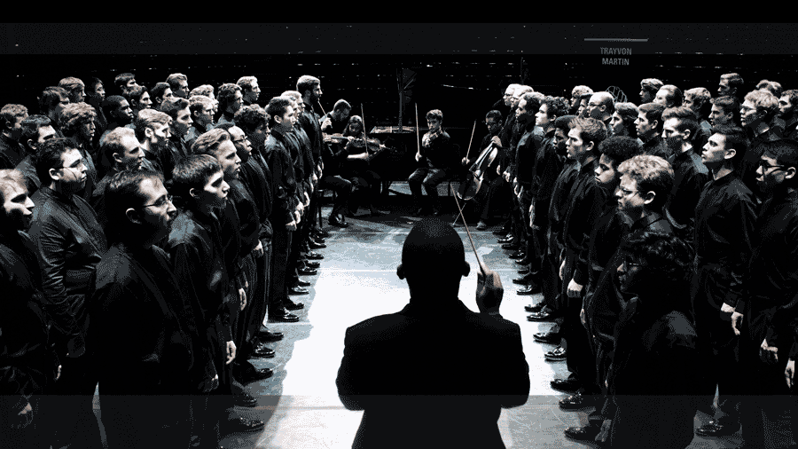 Video Still of "Seven Words of the Unarmed" performance by U-M Men's Glee Club, Courtesy Chris McElroy, Michigan Media